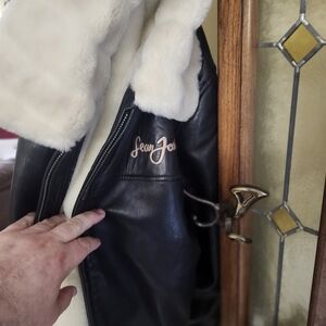 Sean John Black Leather Jacket with Cream Fur